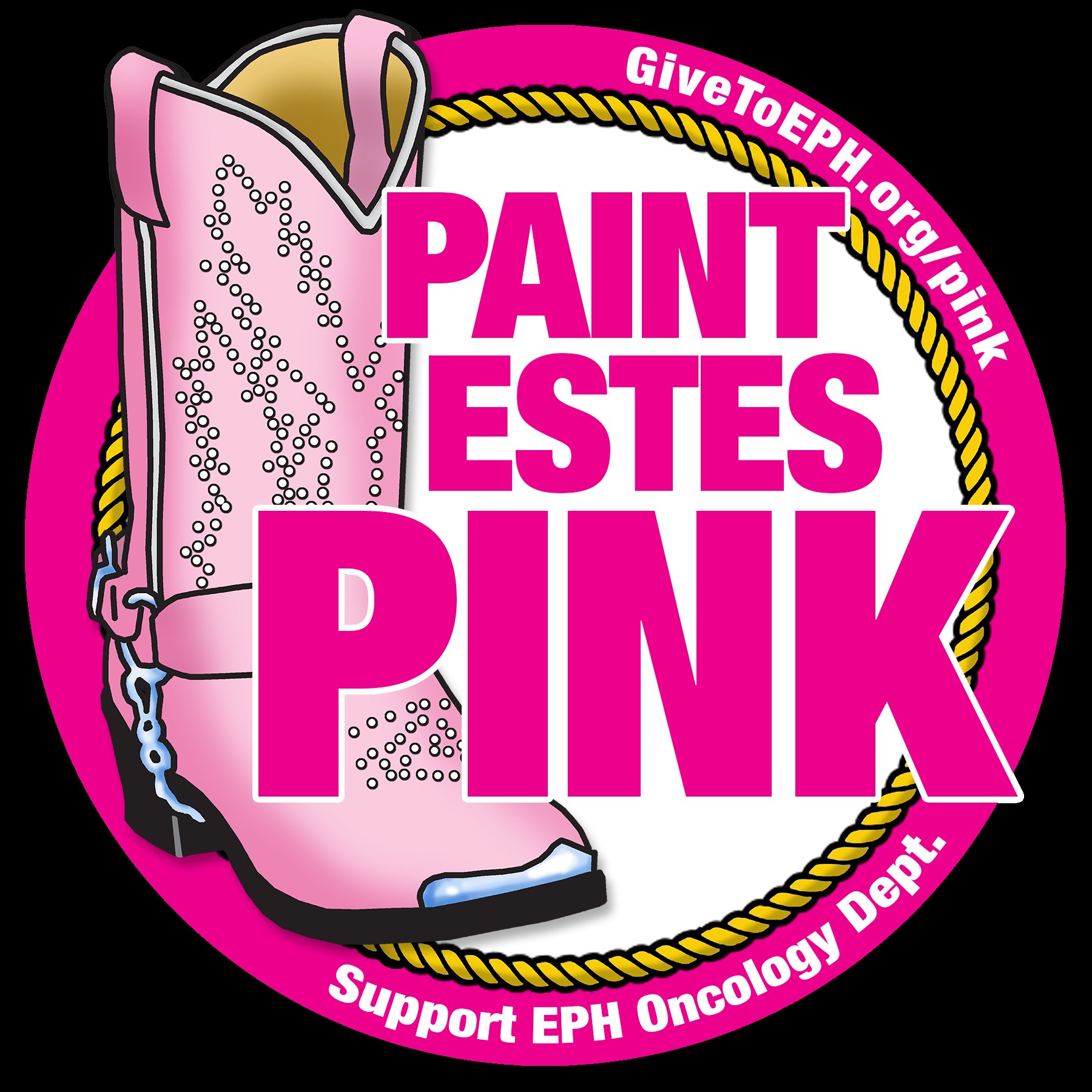 A graphic with a pink boot and text: "Paint Estes Pink. Support EPH Oncology Dept. GiveToEPH.org/pink.