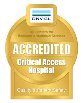 Gold DNV-GL Accredited Critical Access Hospital badge with mentions of US Centers for Medicare & Medicaid Services and Quality & Patient Safety.