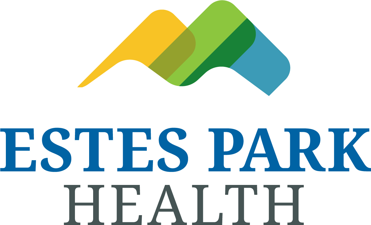 Estes Park Health logo features stylized mountain peaks in yellow, green, and blue above the text 