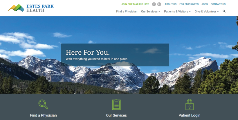 Homepage of Estes Park Health featuring a mountainous landscape in the background. The central banner reads, 