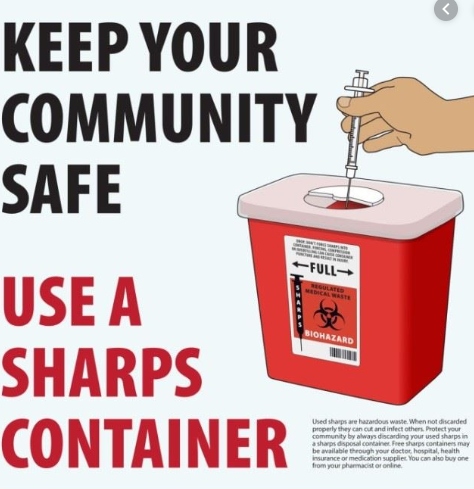 A poster showing a red sharps container being used to safely dispose of a syringe. Text advises to 