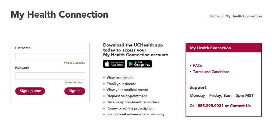 Screenshot of a health portal login page titled 