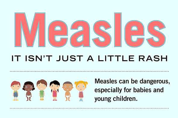 Measles: It isn't just a little rash. Measles can be dangerous, especially for babies and young children. Image shows a diverse group of children standing in a row below the text.