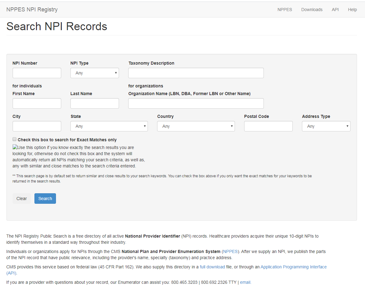 Screenshot of the NPPES NPI Registry search page. It includes fields for NPI Number, NPI Type, Taxonomy Description, Organization Name, First and Last Name, State, Country, City, Postal Code, and Address Type.