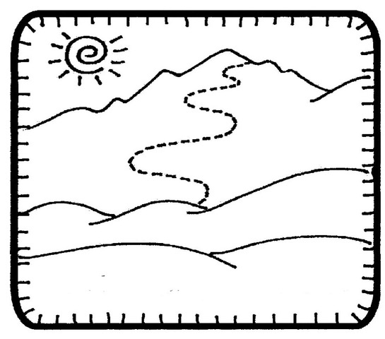A black and white drawing of a mountain range with a wavy path leading up to the peaks. A sun with spiral rays is in the sky. The edges of the image are outlined with stitch-like marks.
