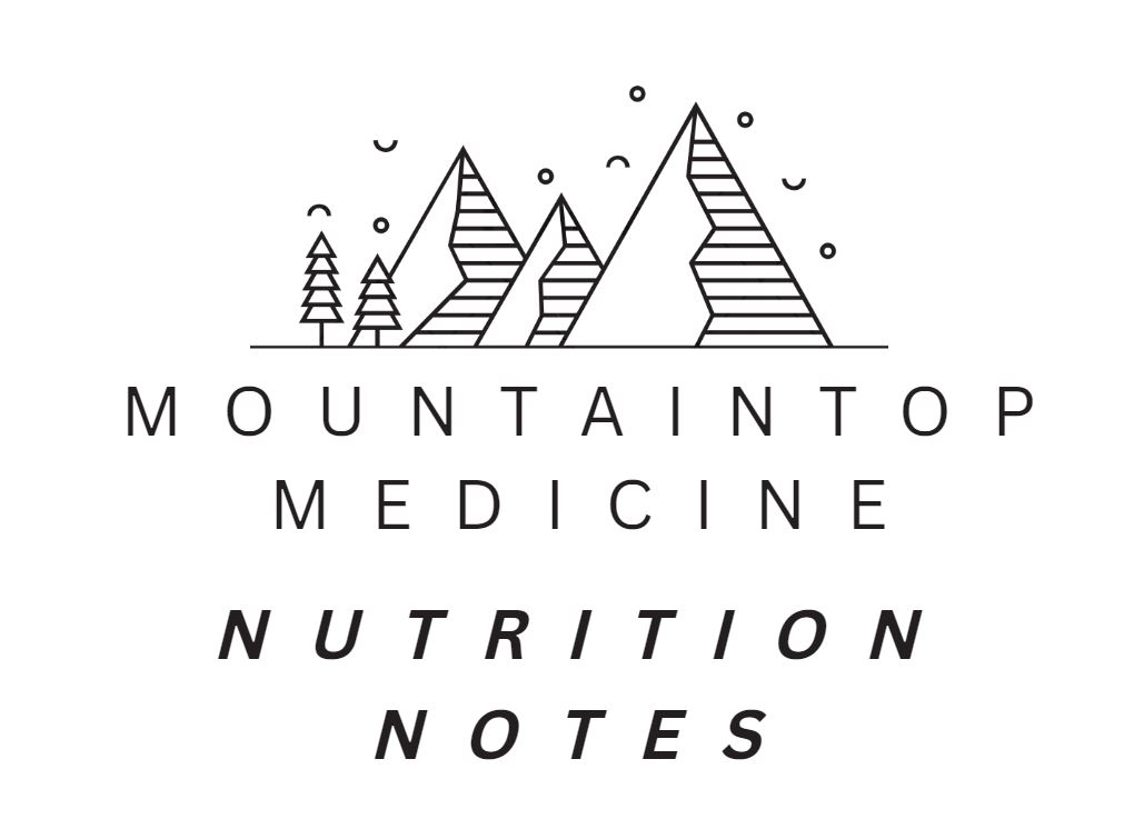 Logo for Mountaintop Medicine with mountains and trees illustration, featuring the text "MOUNTAINTOP MEDICINE NUTRITION NOTES" below the image.