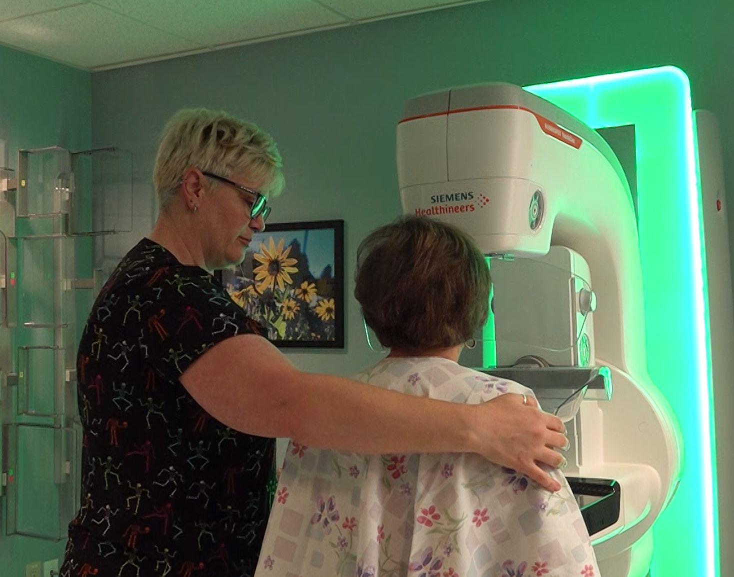 A healthcare professional assists a patient with positioning for a mammogram in a medical facility.