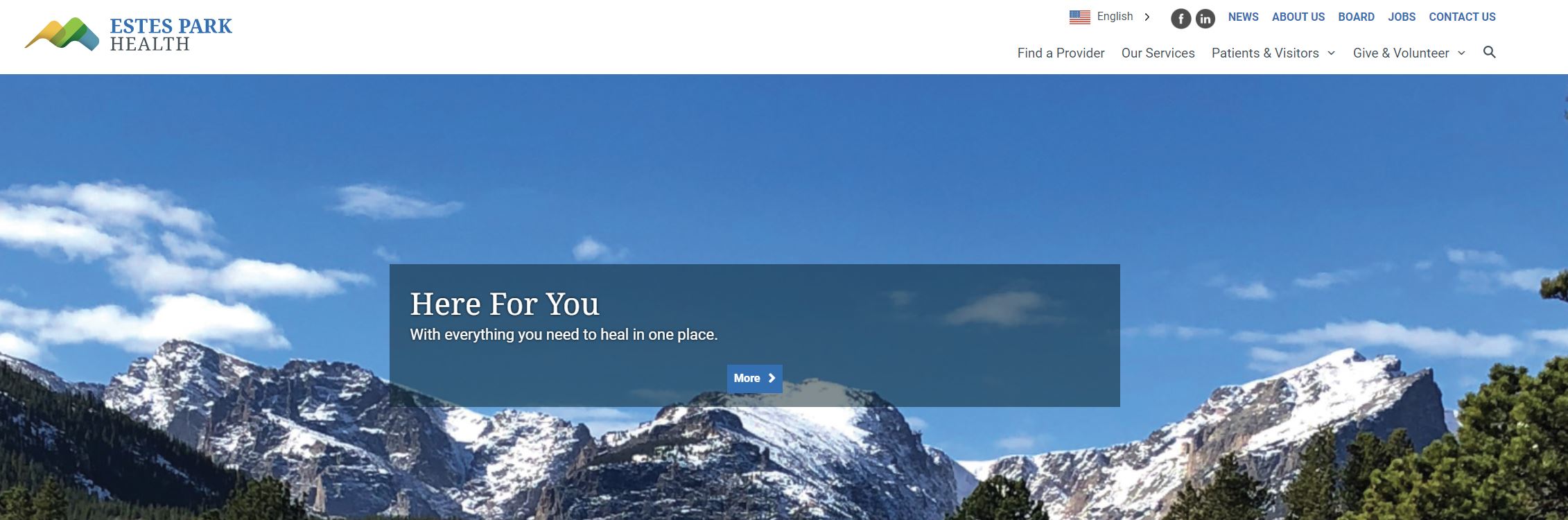 Website header for Estes Park Health featuring a mountain range background and a banner reading 