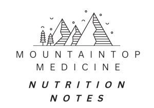 Logo for "Mountaintop Medicine Nutrition Notes" featuring stylized mountain peaks and trees with minimalistic line art.