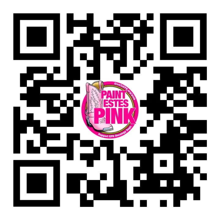 A QR code with a circular logo in the center featuring the text 