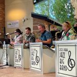 A jazz band performs onstage, with six musicians playing instruments such as trumpets and saxophones. A conductor stands to the left, and a brick wall is in the background with a sign reading "Estes Park Village.