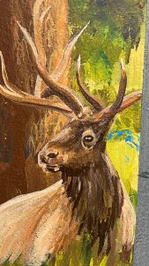 A close-up painting of a deer with antlers against a backdrop of trees and greenery.