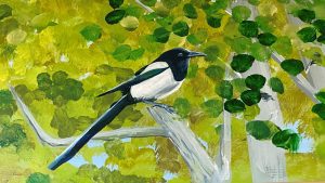 A painting of a black and white bird perched on a tree branch surrounded by green foliage.