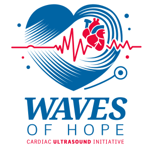 Logo for Waves of Hope, a cardiac ultrasound initiative, featuring a heart, heartbeat line, and stethoscope.