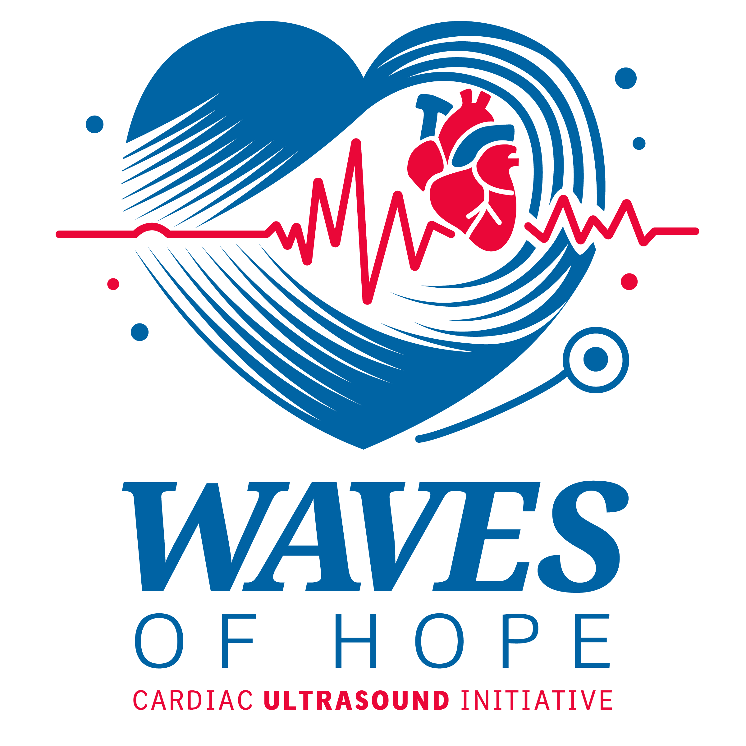 Logo for Waves of Hope, a cardiac ultrasound initiative, featuring a heart, heartbeat line, and stethoscope.