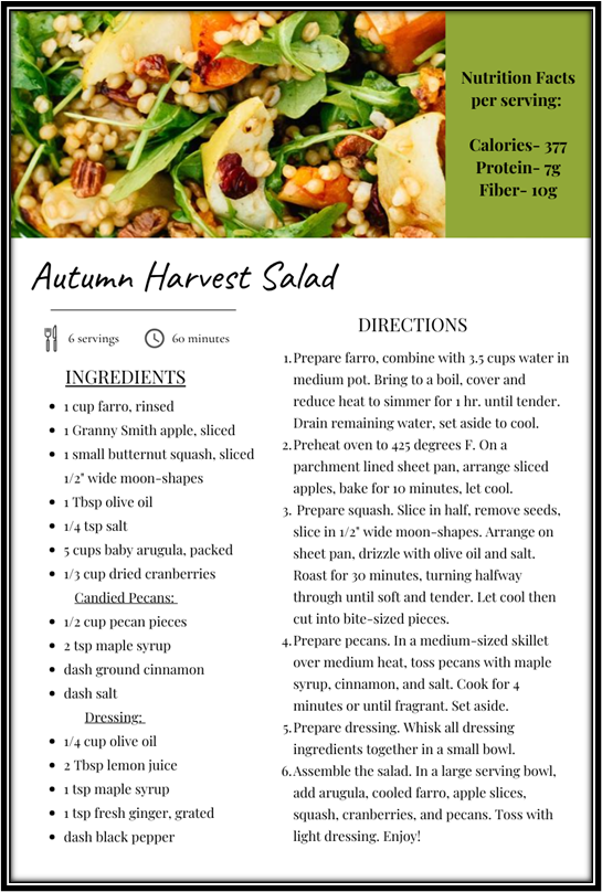 Recipe card for Autumn Harvest Salad with ingredients, directions, and nutrition facts, featuring apples, squash, pecans, arugula, and cranberries.