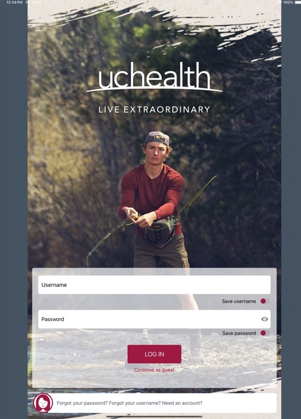 Login screen for UCHealth featuring an individual fly fishing with options for username and password entry.