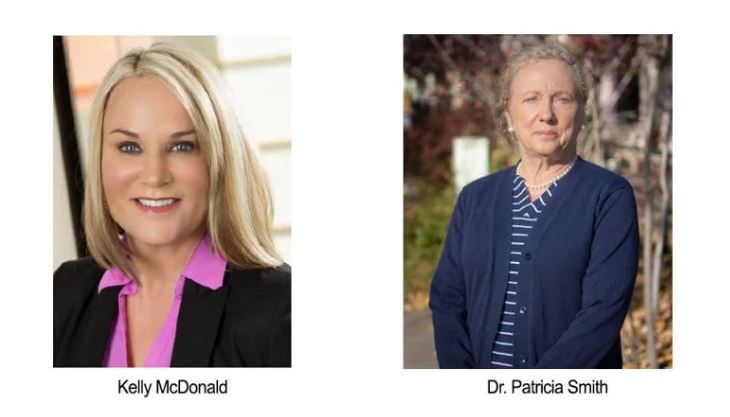 Two portraits: Left shows a woman in a suit with blond hair, labeled Kelly McDonald, and right shows a woman in casual attire with short hair, labeled Dr. Patricia Smith.