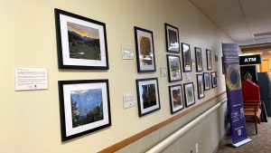 A hallway wall displaying framed photographs in a row. A sign and an ATM are visible on the right side.