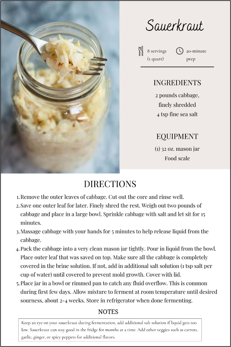 Recipe card for sauerkraut with ingredients, equipment, and step-by-step directions, including notes on serving and additional tips.