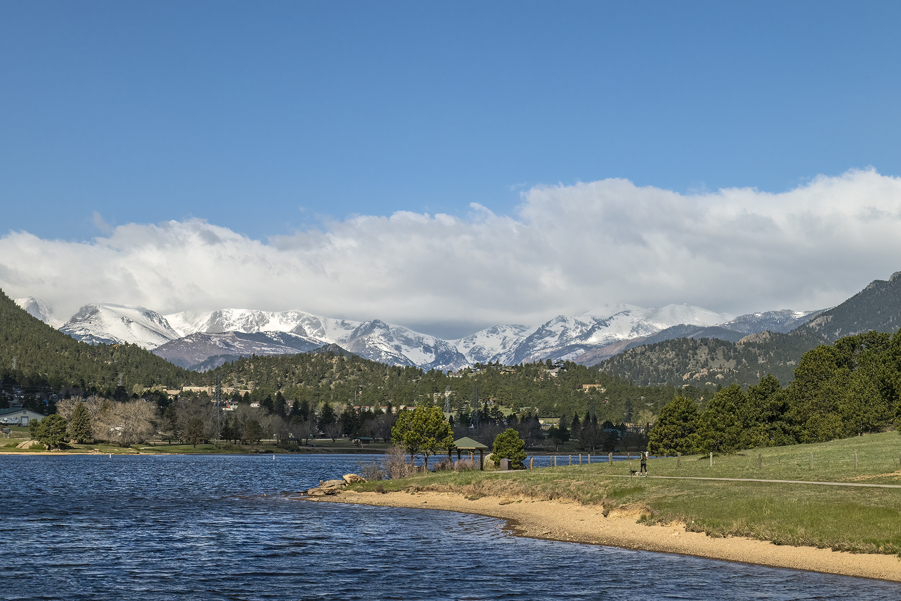 A lake with a sandy shore and grassy area in the foreground, trees and a small structure nearby, snow-capped mountains and a blue sky with clouds in the background.